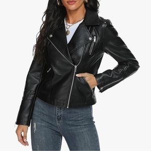 Mark Alan vegan leather motto asymmetrical brown jacket .
